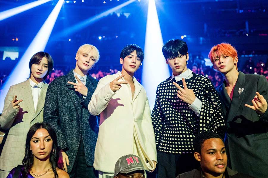 K-pop sensation Tomorrow X Together a.k.a TXT’s Taehyun, Yeonjun, Soobin, HueningKai and Beomgyu raised their fingers in victory signs during a photoshoot. The band won a VMA for the Push Performance of the Year for their 2023 song Sugar Rush Ride.