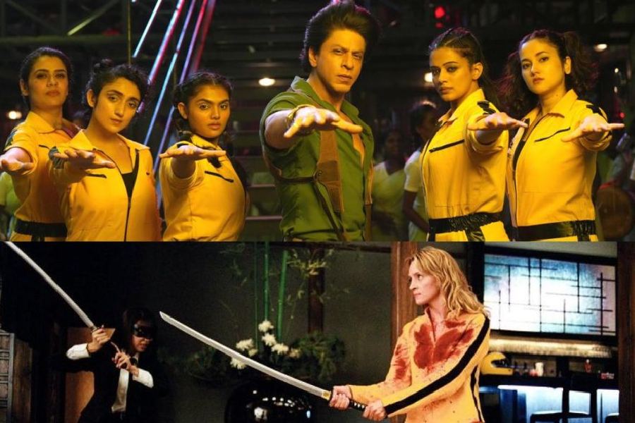 (Top) Shah Rukh Khan’s girl gang channelling Uma Thurman in Kill Bill; Uma Thurman in Kill Bill (bottom)