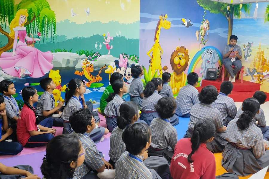 A storytelling session by a young author at Lions Calcutta Greater Vidya Mandir
