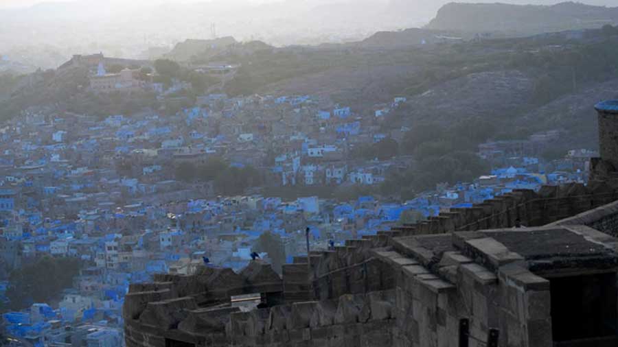 The expanse of the blue maze of the old city from the ramparts of the Mehrangarh Fort 
