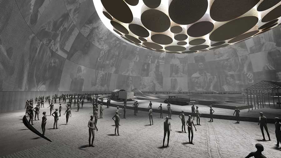 The central space with refugee imprints and floating earth of the virtual Kolkata Partition Museum