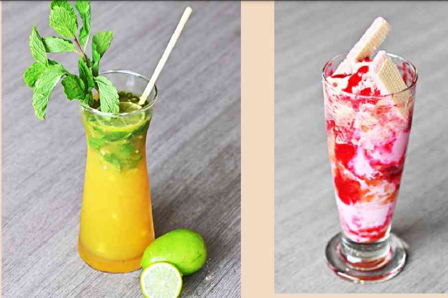 (l-r) Hongshoraj, a cooling sip made of mango, ginger and chillies, is ideal to freshen you up. Conclude your meal and beat the heat by digging into a tall glass of Tutti Fruity