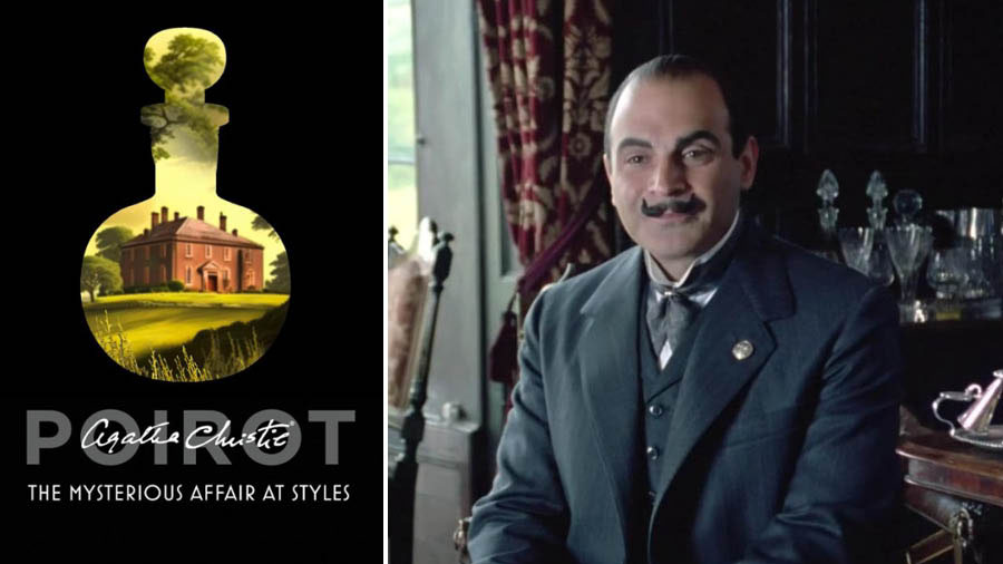 The book cover, and David Suchet as Poirot in the 1990 adaptation
