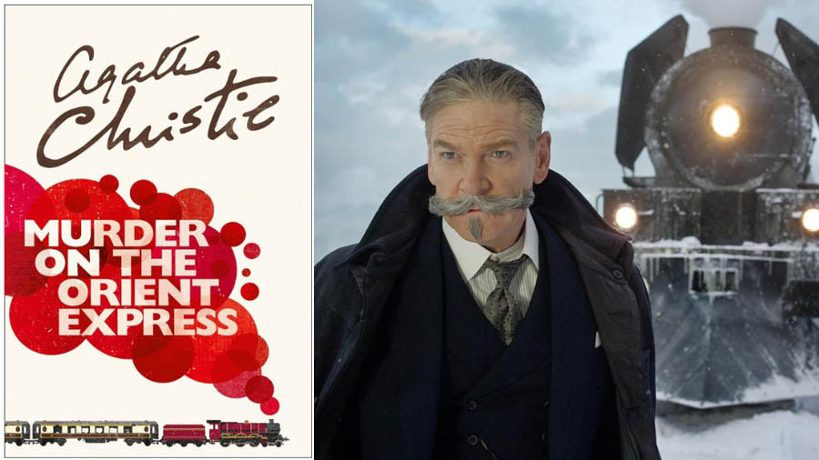 The book cover, and Kenneth Branagh as Poirot int he adaptation