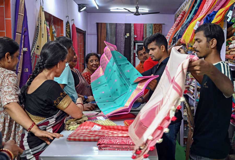 Take your pick from a wide range of tangail saris — be it soft handloom ones or the traditional starched ones — and get Puja-ready. The soft saris are priced from Rs 350 onwards and the starched ones from Rs 400 onwards 