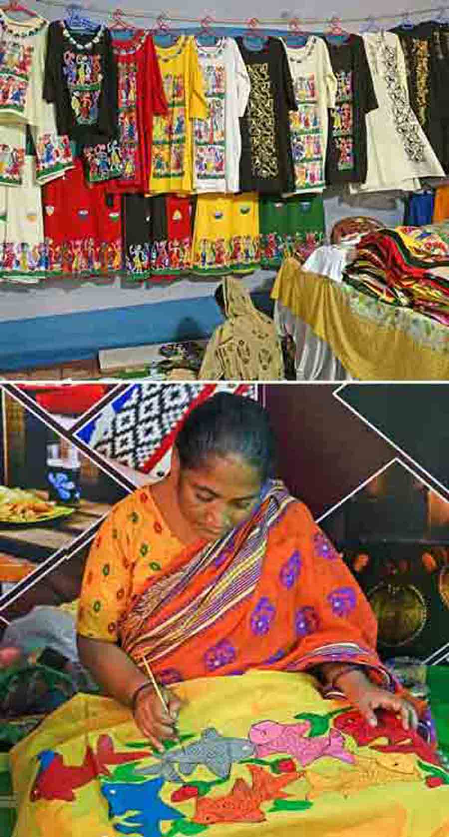 Patachitra kurtas on display and an artist painting patachitra on a sari