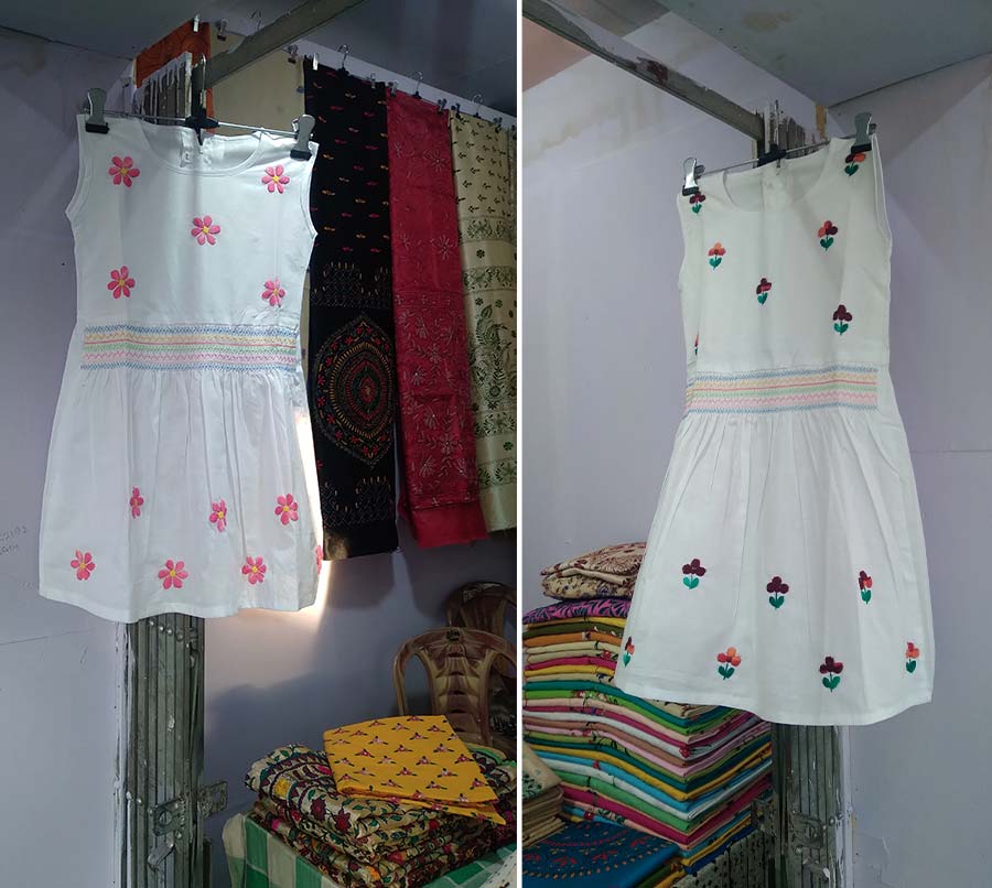Embroidered frocks for girls (up to 7-8 years) are available. These cotton frocks perfect for summer will take you back to your childhood. Most little girls have worn these. They were typically either made at home or available at the haat
