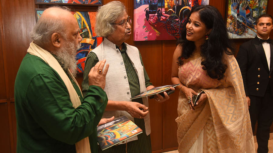 Anukta attending the launch party of ITC Royal Bengal, where three of her paintings are on display