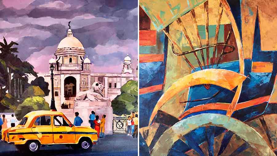 Two of the six paintings that Anukta prepared for Anjan Chatterjee’s Chourangi restaurant in London