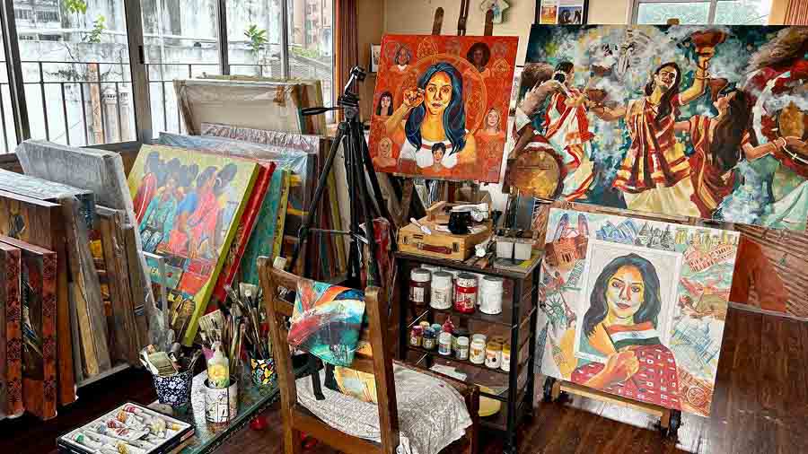 A glimpse of Anukta’s Ballygunge studio, which includes the paintings she will be exhibiting at October’s Florence Biennale