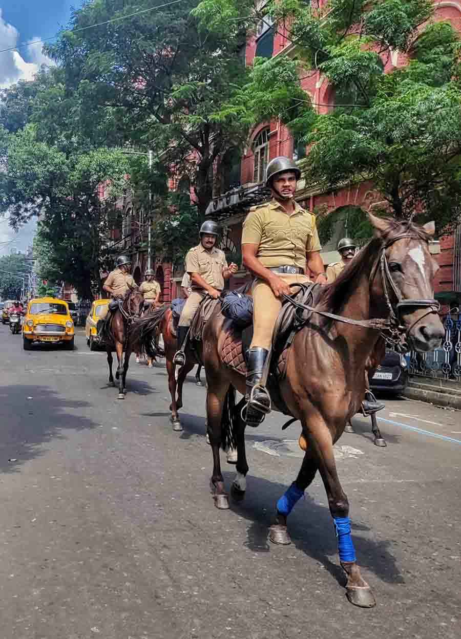 A group of Kolkata mounted police on patrol at Dharmatala on Sunday afternoon  