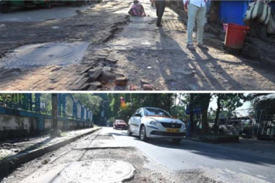 The poor state of Raja Subodh Chandra Mullick Road, near the 8B bus stand in Jadavpur, on Sunday; (right) a battered stretch of Southern Avenue, near Vivekananda Park, on Sunday