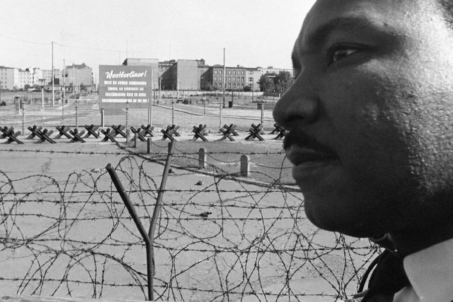'Much of the power of our Freedom Movement in the United States has come from this music,' wrote Martin Luther King in another speech, written for West Berlin's first jazz festival in 1964. Here he stands next to the Berlin Wall