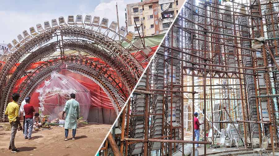 Labourers busy toiling to give the pandal a unique shape