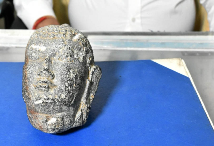 The head of a Buddha sculpture was excavated in July 2023 at Dhanki village in Manbazar, Purulia. The antique piece was showcased at the office of administrator general and official trustee of West Bengal, New Secretariat Building on Monday   