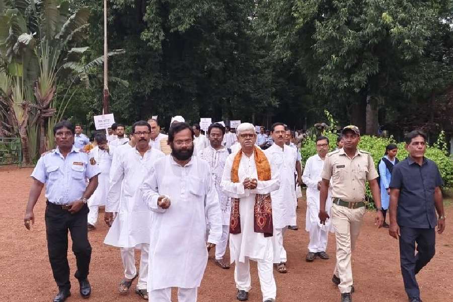 Led by vice-chancellor Bidyut Chakrabarty, Visva-Bharati employees take out a procession to celebrate Unesco’s World Heritage Site tag for Santiniketan.