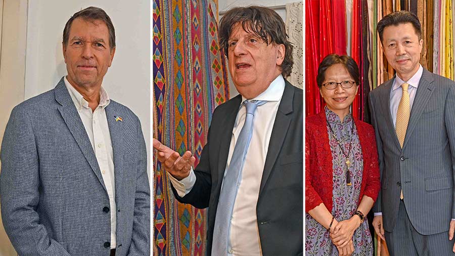 The consuls-general of Germany, France and China at the Art in Life exhibition at CIMA. (L-R) Manfred Auster, Didier Talpain, and Zha Liyou (with his wife Zheng Huiqun)