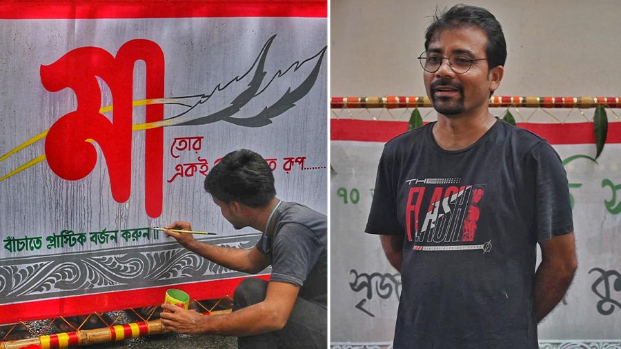 ‘The ink that is being used in the hoardings is lead-free,’ said artist Gouranga Kuila (in pic on right), the brain behind this year’s theme of the club