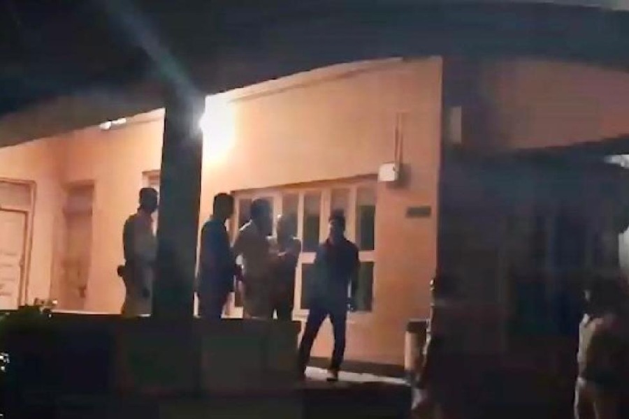 Police outside Kalyan Bhattacharya’s house in Dum Dum’s Nagerbazar on Wednesday night