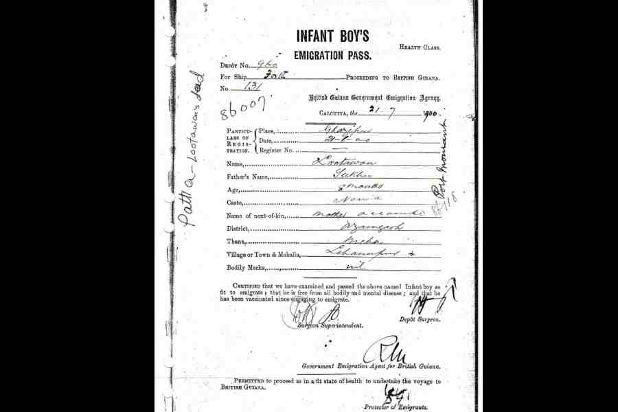 The immigration pass of an eight-month-old.