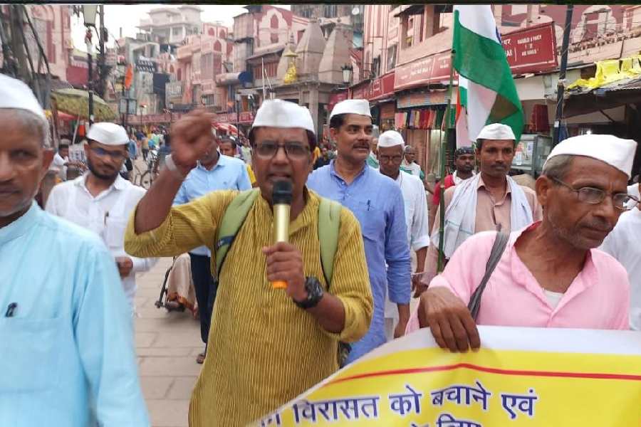 Gandhians take part in a Virasat Bachao Nyay Padyatra (Save Legacy and March for Justice) in Varanasi earlier this month