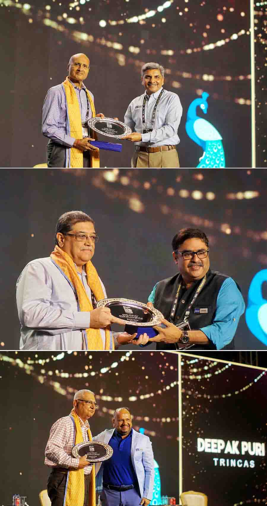 (Top) Nitin Kothari, second-generation owner, Peter Cat and Mocambo, was felicitated by Aseem Grover, founder, Big Chill Cafe, Delhi; (centre) Rajiv Ghai, owner, Kwality Restaurant was felicitated by Anurag Katriar, founder and MD of Indigo Hospitality and (bottom) Deepak Puri, second-generation owner, Trincas, was felicitated by Rahul Singh, founder & CEO, The Beer Cafe