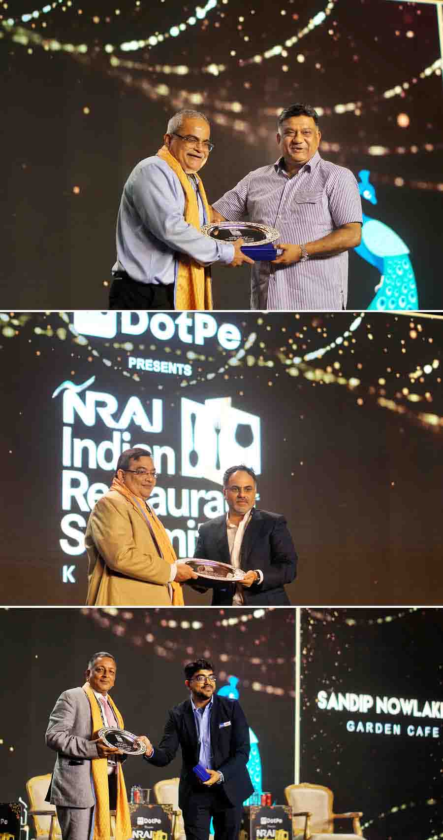 (Top) Pratap Daryanani, owner, Oasis received the award from Sandeep Anand Goyle, director, Essex Farms; (centre) Aninda Palit, co-owner, 6 Ballygunge Place was awarded by Kabir Suri, co-founder & director, Azure Hospitality, and president of NRAI; (bottom) Sandeep Nawlakha, owner, Garden Cafe received the award from Sagar Daryani, NRAI vice-president and co-founder Wow! Momo. Tony Pradhan, owner of Kathleen's, was not present 