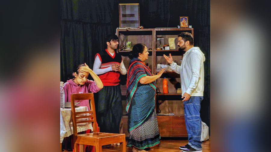 (From left) Actors Chakori Dwivedi, Abhishek Chauhan, Rasika Agashe and Niketan Sharma in a scene from the play