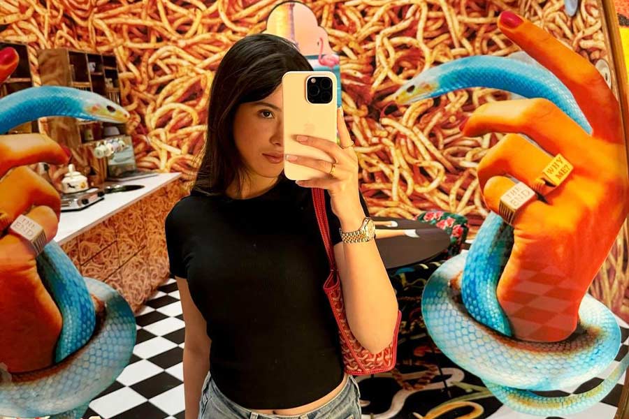 Shanaya Kapoor took a mirror selfie in front of a surrealist artwork showcasing blue snakes entwined in two human hands resting on a chessboard-printed floor. 
