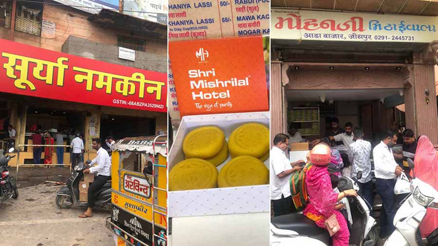 Some of Jodhpur’s food gems. (L-R) Surya Namkeen for the best samosas, a close-up of a Shri Mishrilal Hotel favourite and Mohunji Mithaiwala for the best laddoos and Ghewar 