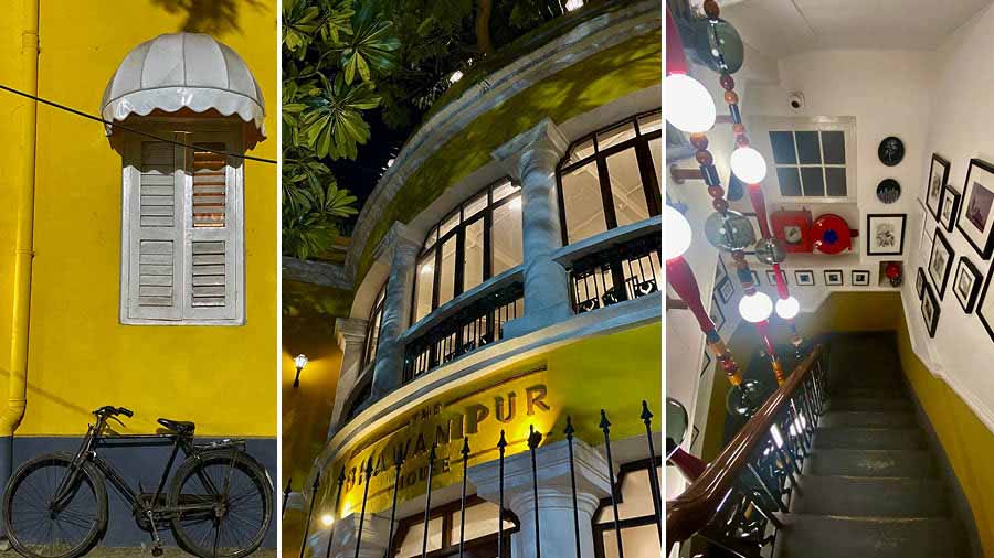 The facade, umbrella-like window, and staircase done up with paintings, photographs and a signature glass ball motif at The Bhawanipur House
