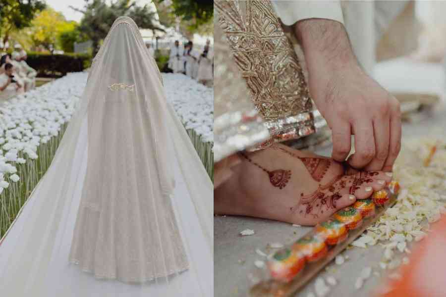 (l-r) Parineeti’s pristine white dupatta with Raghav’s name on it, A moment from the rituals