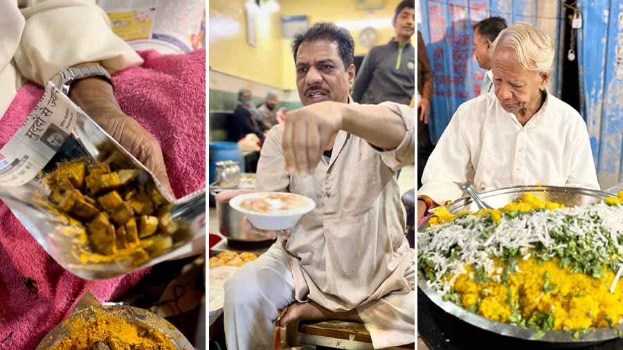 L-R: Garadu (fried yam dusted with chatpata masala), the spectacle of the flying ‘dahi bada’ at Joshi Dahi Bada House and ‘bhutte ka kees’ are some of the pop picks in the night market 