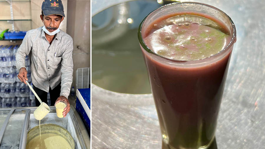 Shikanji is a glass of rabdi and milk loaded with dry fruits, while (right) Paan Gulkand Juice at Sagar Juice Centre is a refreshing counterbalance to Indore’s spicy meals