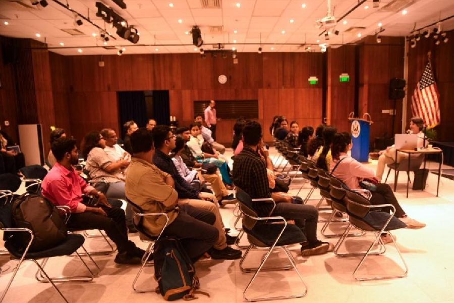 Jason Strother speaks at the American Center on Tuesday