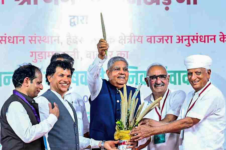 Vice President Jagdeep Dhankhar during an event to lay the foundation stone of ICAR's Regional Millet Center, at Gudamalani in Barmer, Wednesday, Sept. 27, 2023.