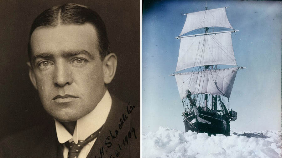 Sir Ernest Shackleton, and (right) the ‘Endurance’ in icy polar waters