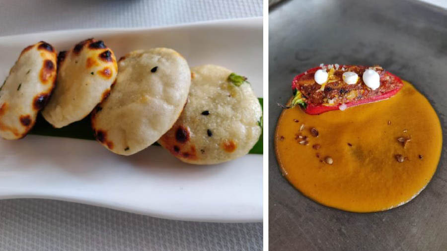 Blue Cheese Naan and Kadhai Chicken from a tasting menu at Indian Accent in New Delhi 