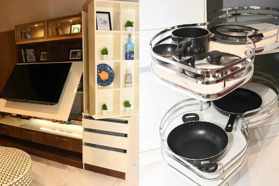 (L-R) Cupboards in the living room can also be intelligently designed to create more space, This kitchen rack makes sure even the toughest corners are accessible with a gentle pull