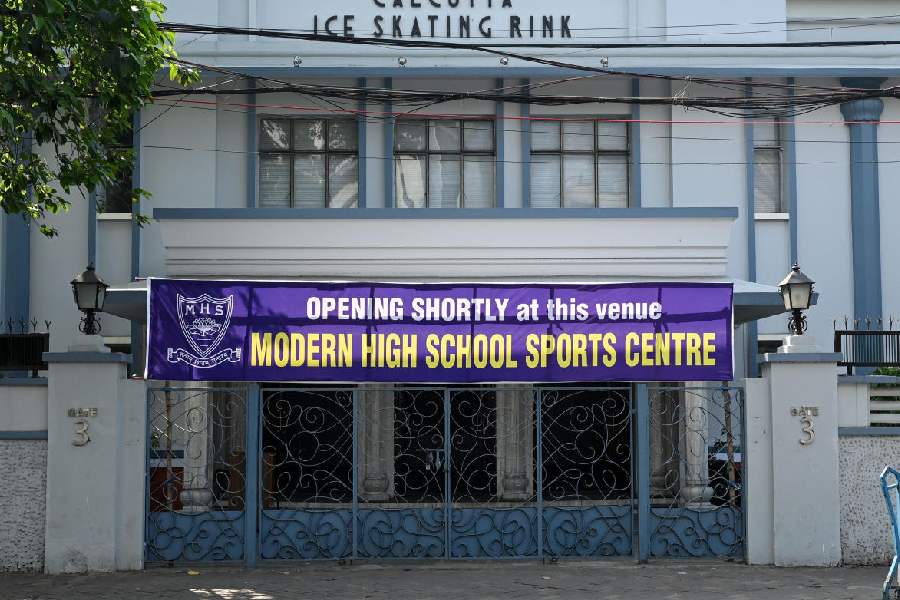 A banner on Ice Skating Rink on Monday announces that the building will house Modern High School Sports Centre.