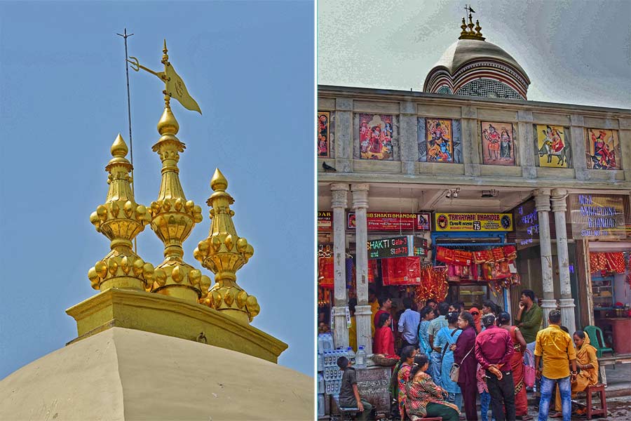 The golden crown of the Kalighat temple was unveiled last week on Saturday. It is crafted from 50 kg 24-carat gold and adorns the dome of sanctum sanctorum. The state government has spent Rs 165 crore while Reliance Foundation bears the restoration cost along with the cost of the sanctum, spire, and golden crown which is around Rs 35 crore 
