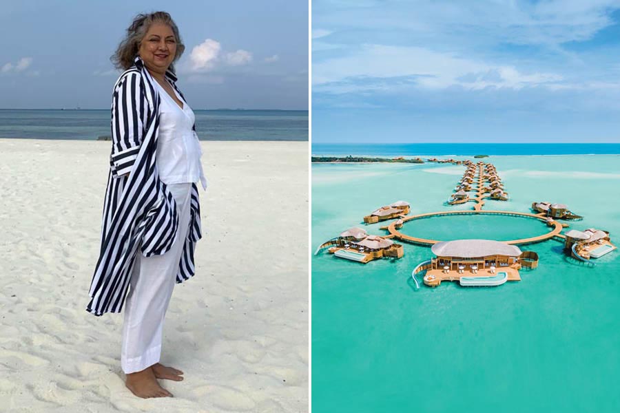 Karen Anand and a view of Soneva Jani (right) in the Maldives