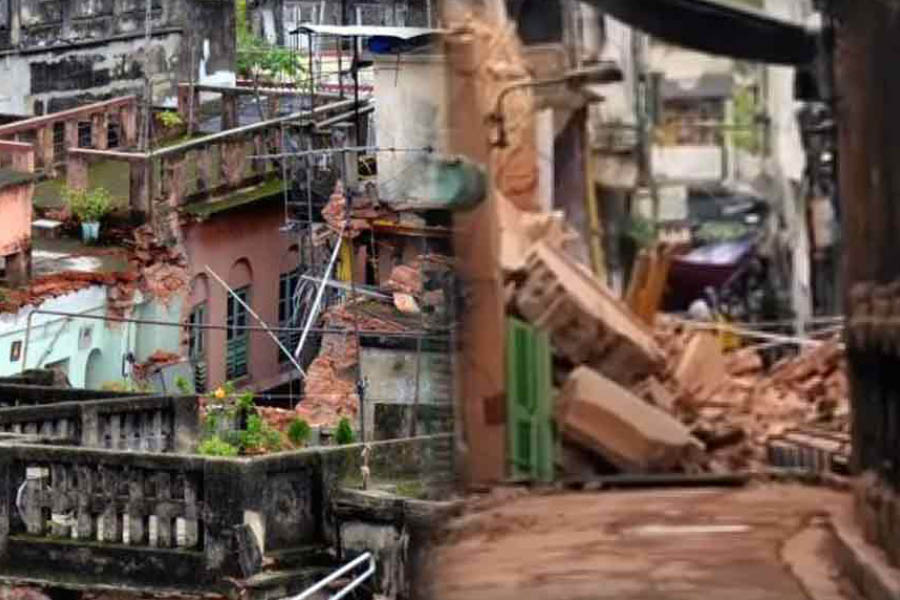 The three-storeyed building in Bowbazar, a portion of which collapsed on Tuesday.