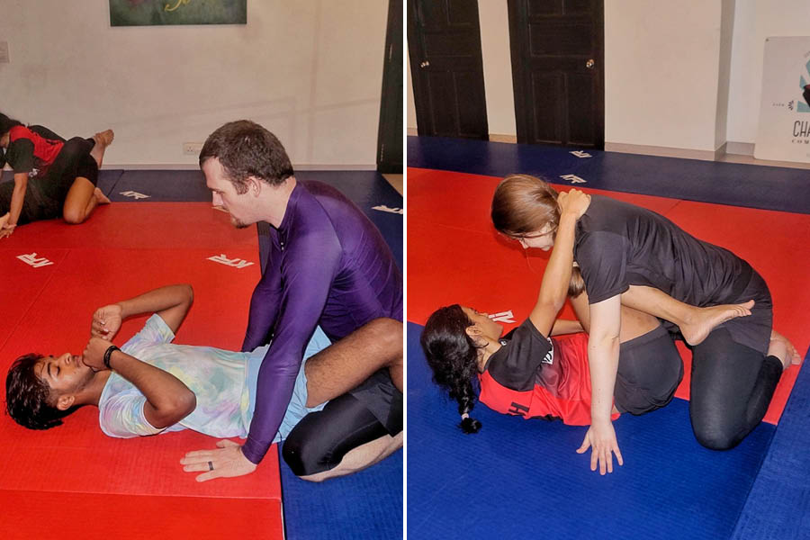Steven coaches a student and (right) a Brazilian jiu-jitsu class in progress