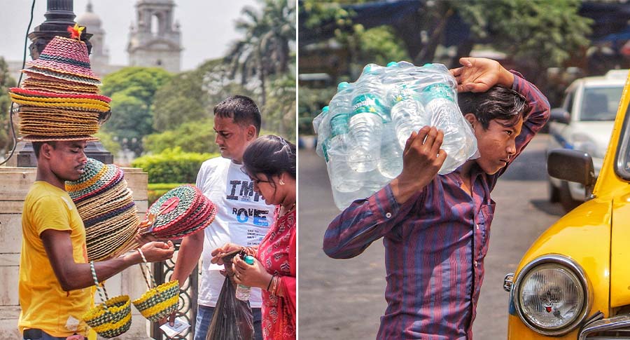 Visitors at Victoria Memorial Hall buy straw hats and (right) a boy carries a pack of mineral water for tourists 