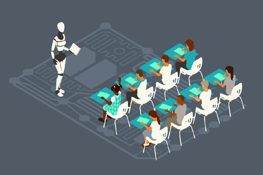 A robot teacher leads a class of eight children sitting in elementary school desks, illustrating the concept of AI-powered education