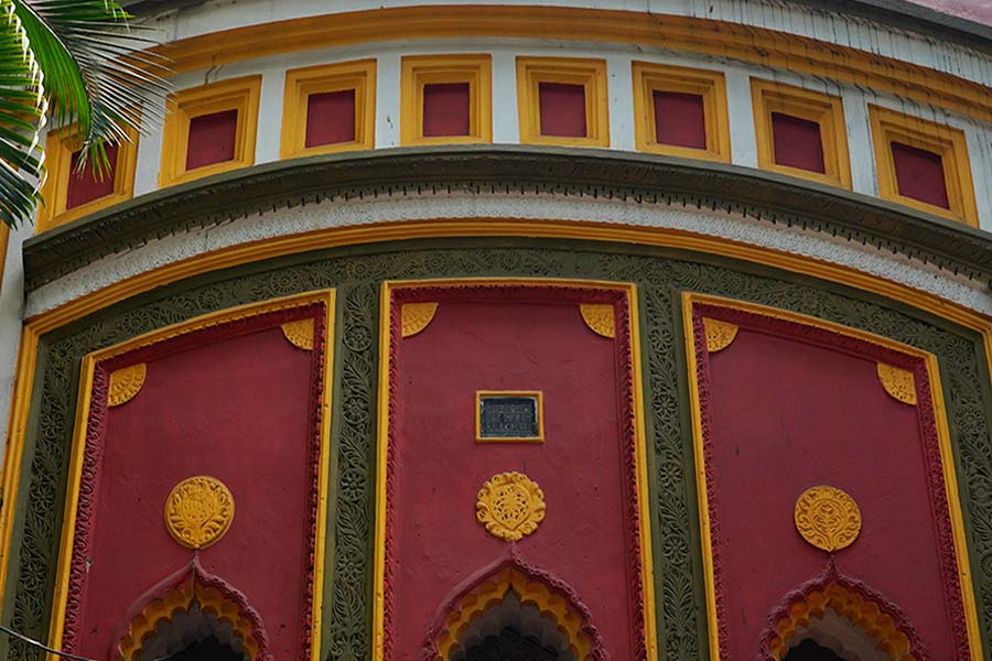 Stucco decoration of freshly painted Bishnu Rameshwar Shiva temple. The foundation stone is at the centre
