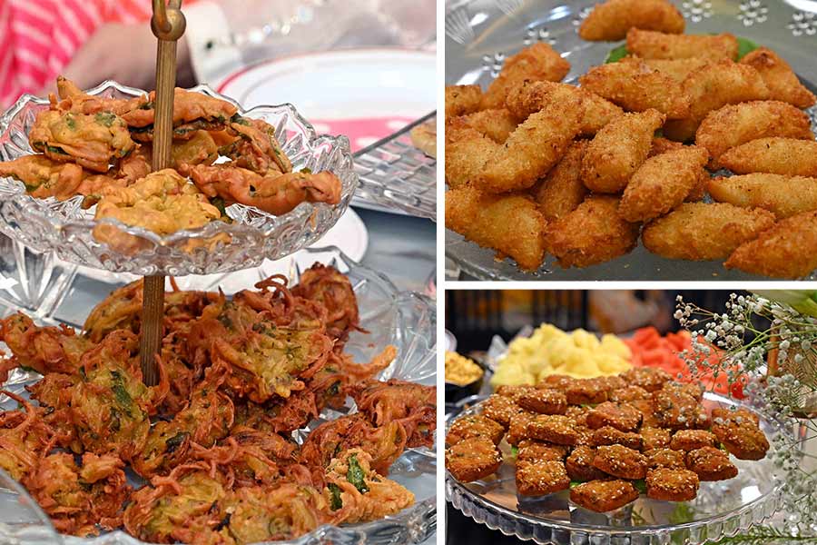 Clockwise from left: Vegetable fritters, Chicken Half moon and Farah’s special shrimp toast