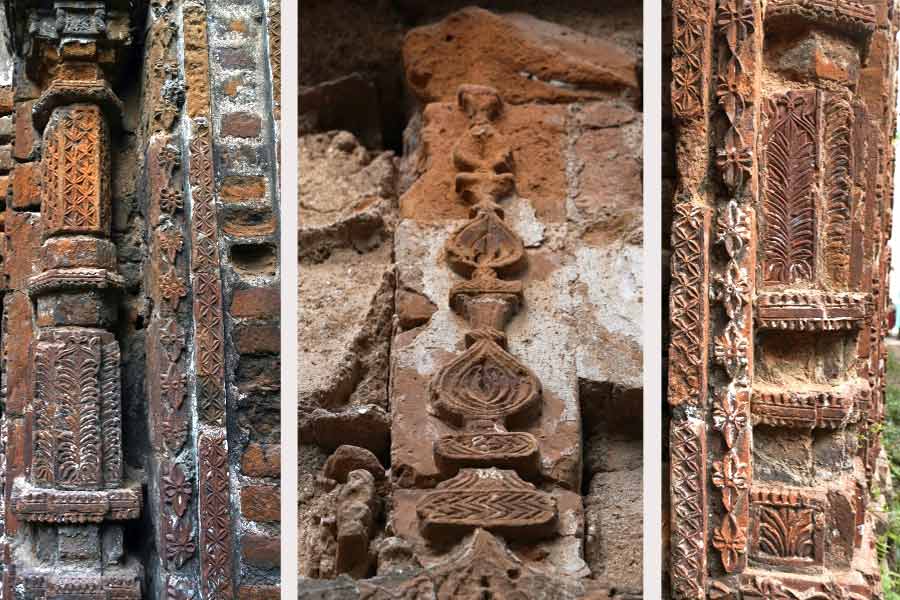 (Right to left) Terracotta pillars at the entrance of a temple, ‘mangal ghat’ in terracotta panels, floral design in a corner of one of the three south-facing temples