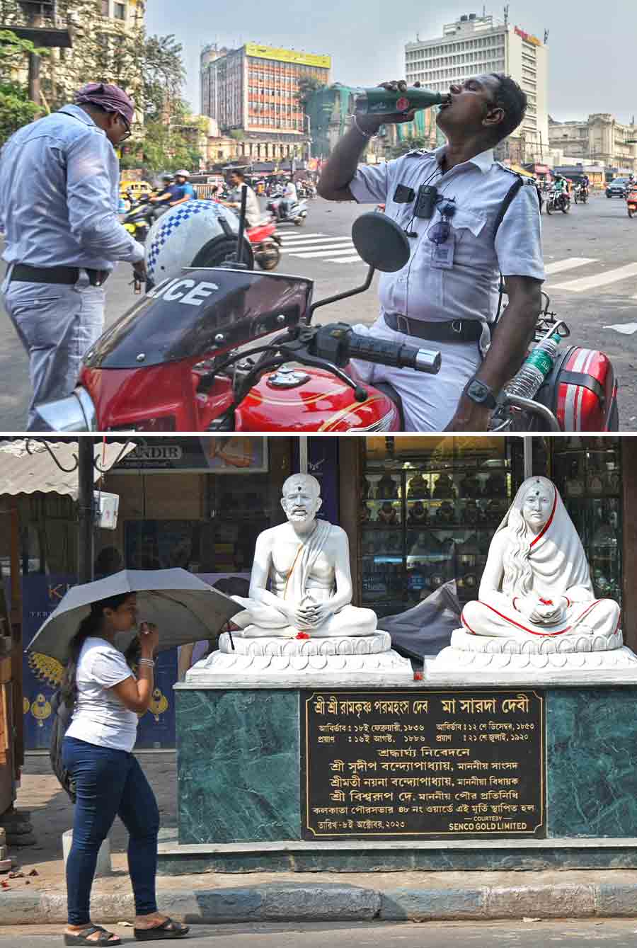 (Top) Staying hydrated seems to be the only way to tackle the scorching heat for this traffic policeman near Dorina crossing at Esplanade on Saturday afternoon and (above) a young woman uses an umbrella at BB Ganguly Street while passing newly installed statues